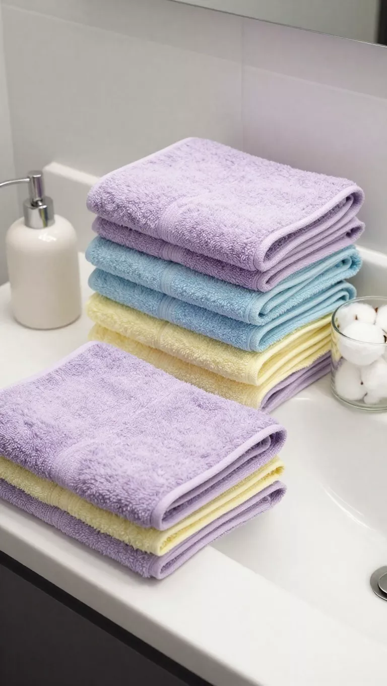 A photo of a bathroom vanity with a stack of soft, freshly folded hand towels in pastel shades of lavender, sky blue, and pale yellow, neatly arranged beside a small ceramic soap dispenser and a glass jar filled with cotton balls.
