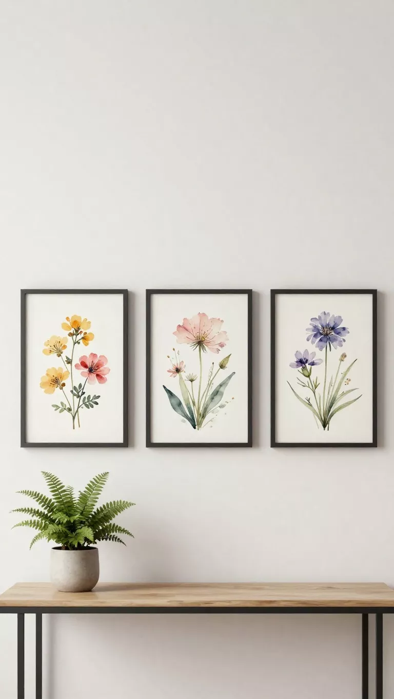 A photo of a gallery wall showcasing three framed botanical prints depicting different wildflowers in soft watercolor hues, arranged above a minimalist console table, with a small potted fern adding a touch of living greenery to the display.
