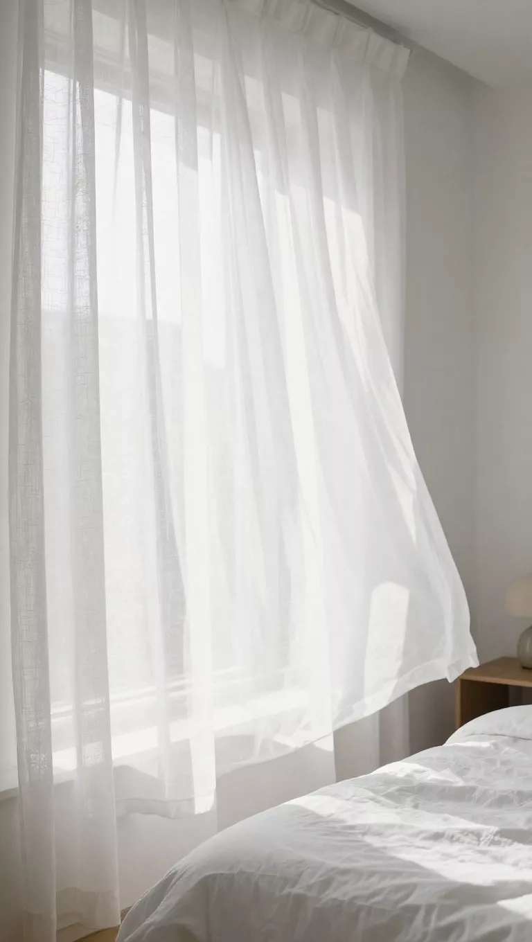 A photo of sheer white linen curtains gently swaying in a breeze, letting abundant natural light flood into a minimalist bedroom, with a crisp white duvet cover visible on the nearby bed, evoking a serene and airy ambiance.