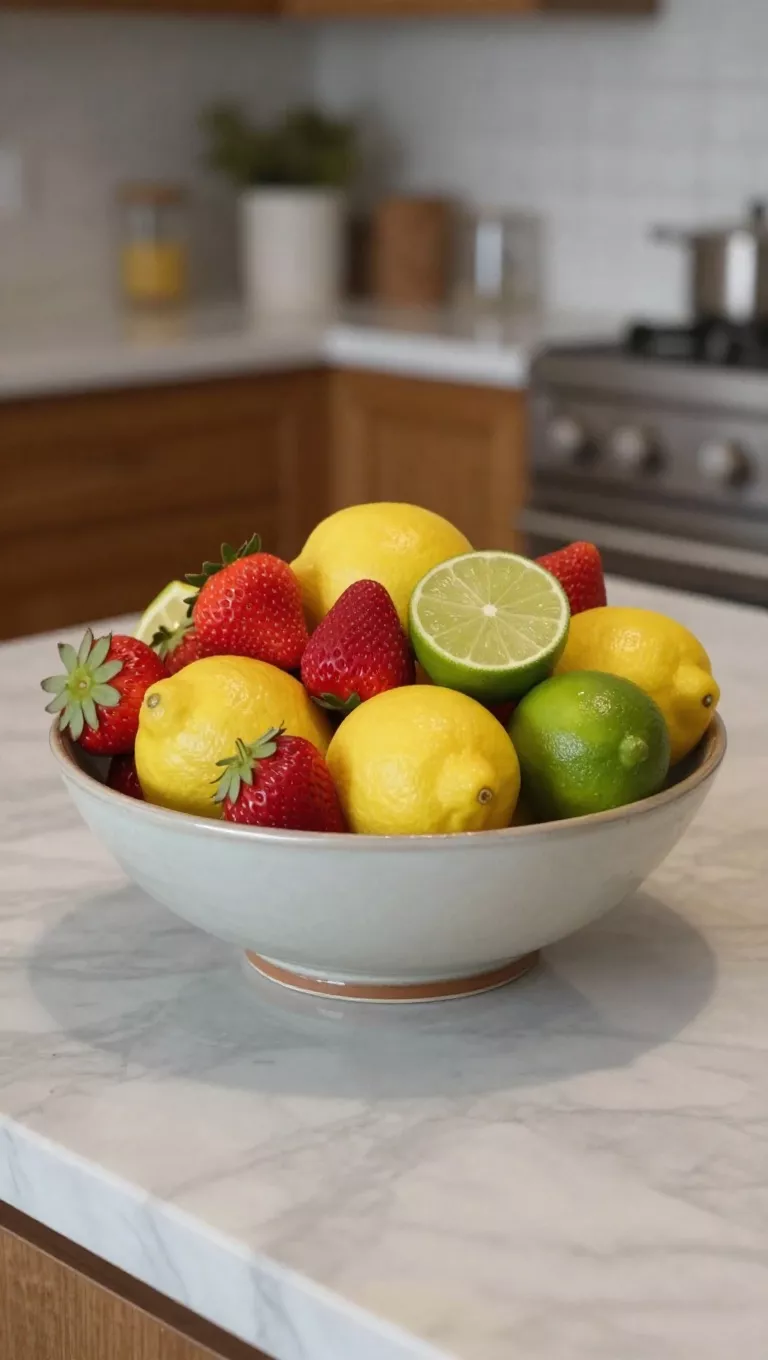A photo of a ceramic fruit bowl overflowing with a colorful assortment of fresh spring fruits like vibrant red strawberries, bright yellow lemons, and juicy green limes, placed centrally on a polished marble kitchen island.