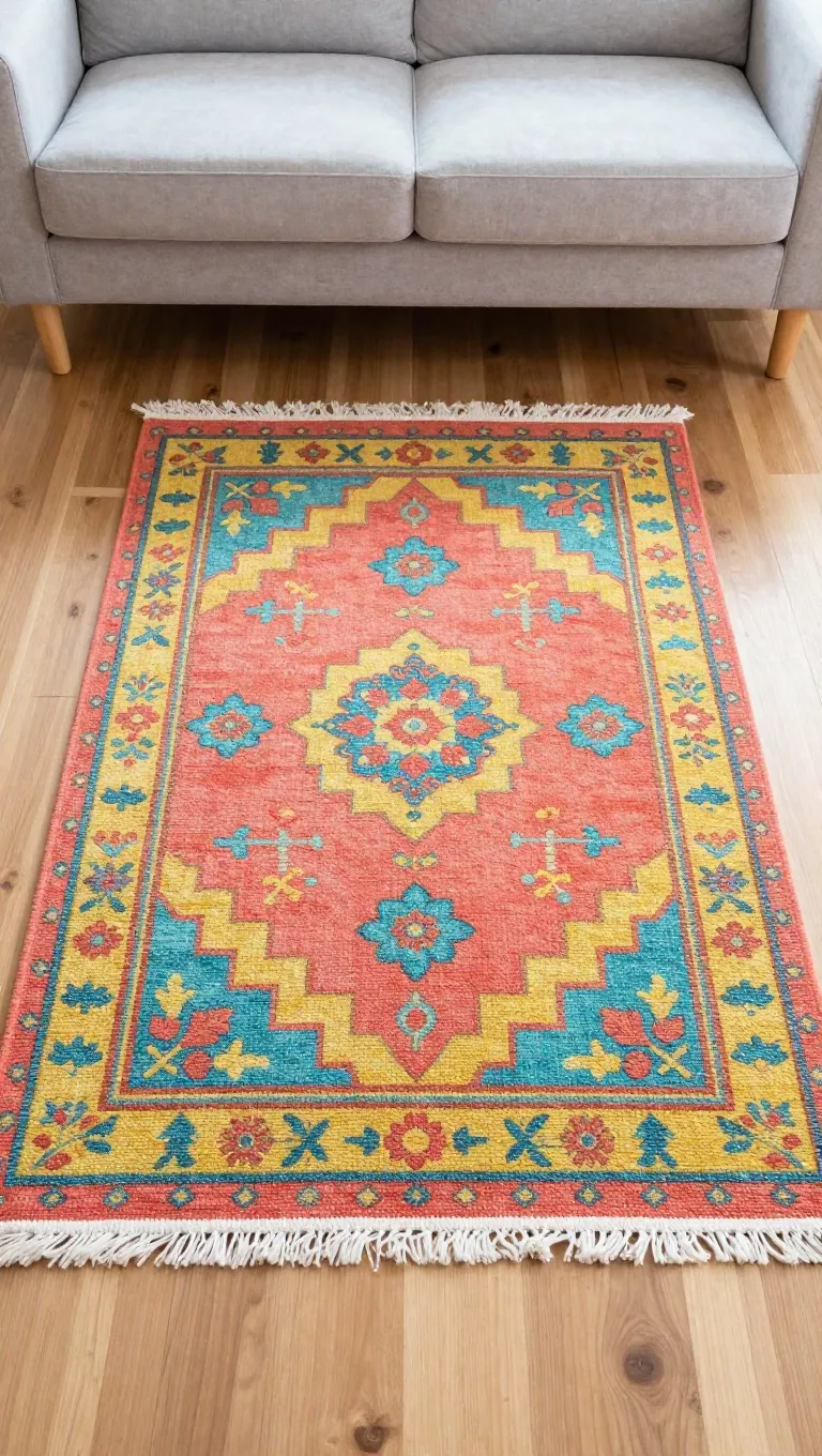 A photo of a vibrant flat-weave rug with an intricate floral and geometric pattern in shades of coral, turquoise, and lemon yellow, neatly positioned on a light hardwood floor beneath a clean-lined modern sofa, adding a burst of color.