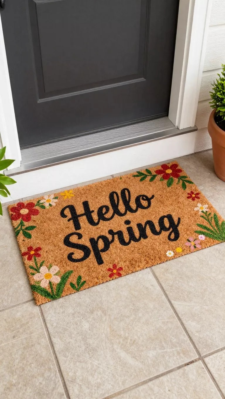 A photo of a welcoming front porch with a new, rectangular doormat featuring a playful spring-themed 
