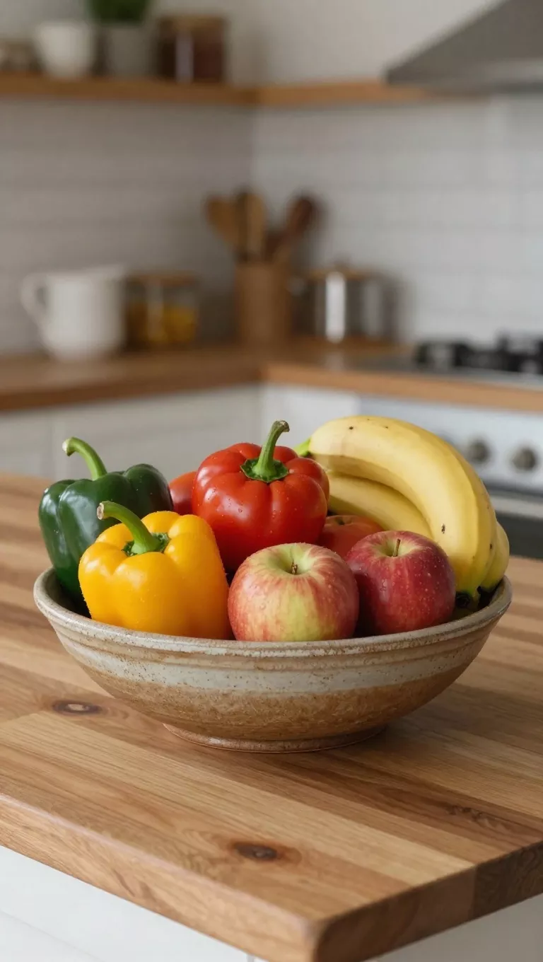 A photo of a rustic ceramic bowl overflowing with a vibrant assortment of fresh, colorful vegetables and fruits like bell peppers, tomatoes, apples, and bananas, sitting on a wooden kitchen island.
