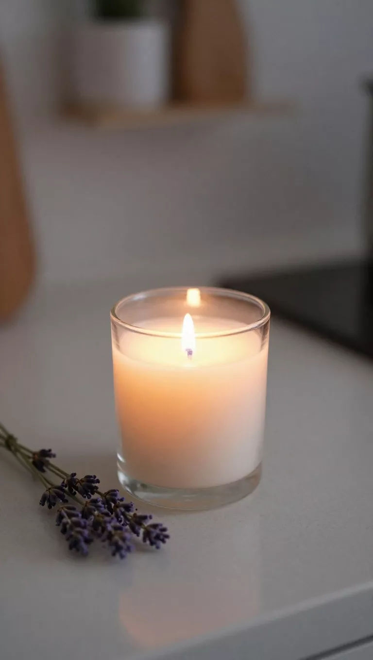 A photo of a glowing, natural soy wax candle in a simple glass jar, emitting a soft light on a kitchen counter next to a sprig of fresh lavender, creating a peaceful and aromatic ambiance.