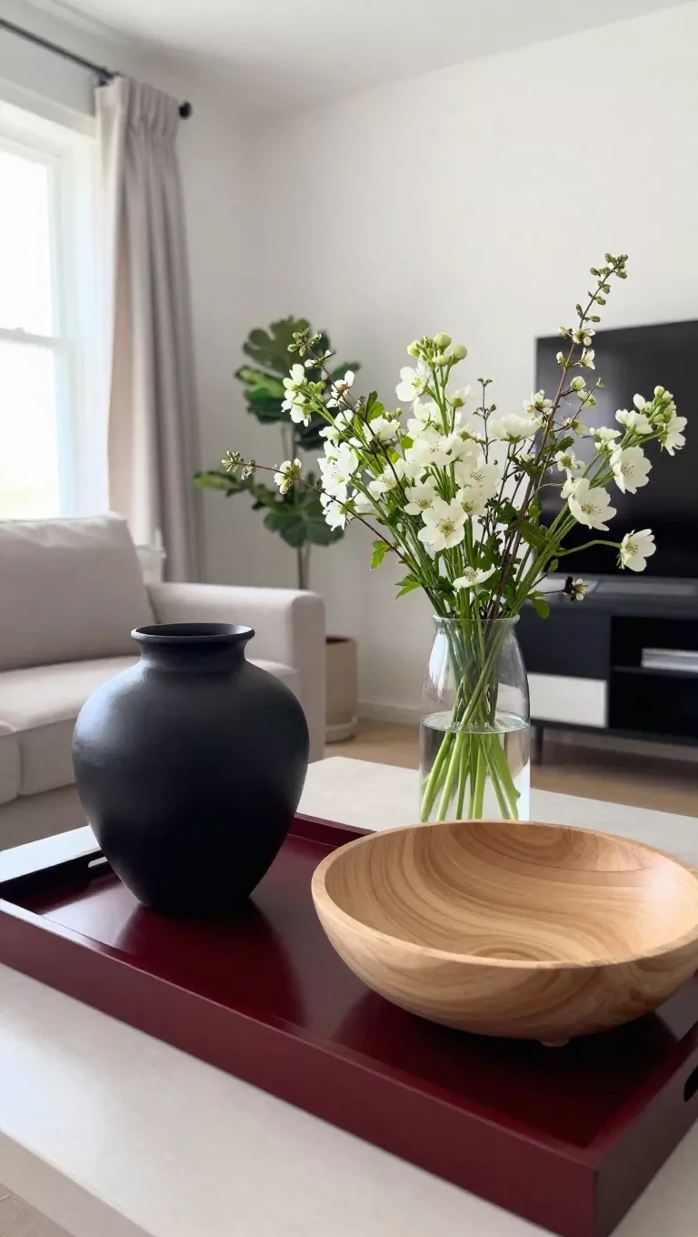 A photo of a bright living room where formerly dark-colored decorative accessories like a black ceramic vase and a deep red tray have been replaced by a clear glass vase with fresh spring flowers and a light-colored wooden decorative bowl.