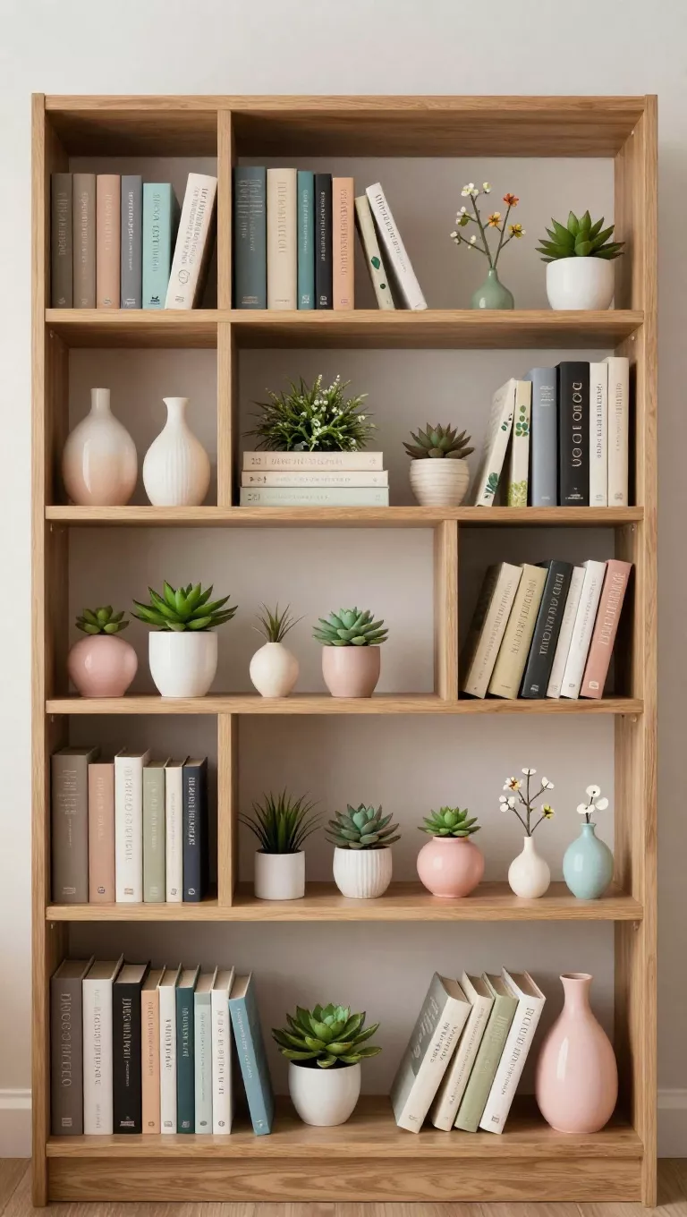 A photo of a charming living room bookshelf organized with a mix of hardcover books interspersed with small potted succulents, ceramic vases in pastel colors, and a few decorative spring-themed figurines, arranged aesthetically.