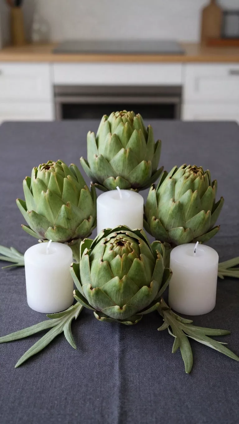 A photo of three whole, vibrant green artichokes artfully placed between small, white unscented pillar candles of varying heights, arranged directly on a kitchen dining table with a dark linen tablecloth, with a few delicate green leaves scattered around to complete the organic and contemporary look.