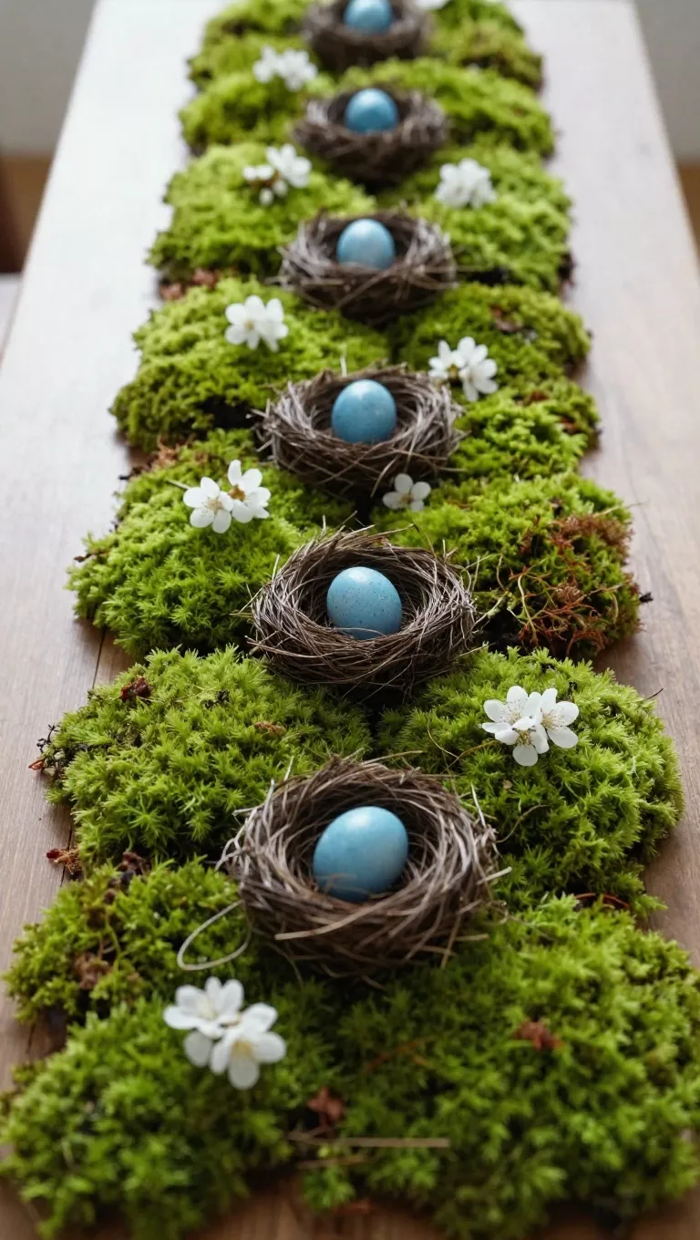 A photo of a long, narrow table runner made entirely of soft, vibrant green preserved moss, dotted with delicate, replica birds' nests subtly cradling tiny blue robin's eggs, alongside a few scattered white spring blossoms, creating an enchanting woodland scene.