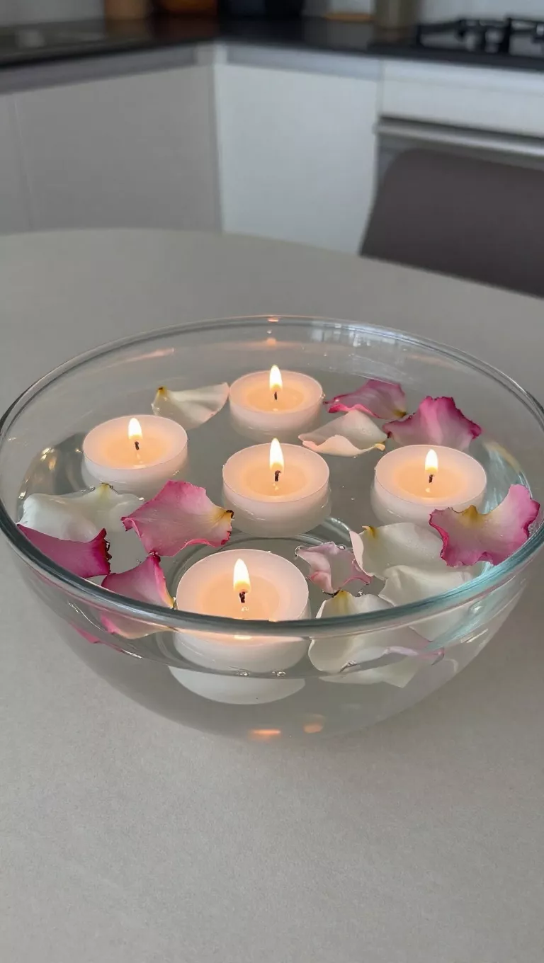 A photo of a wide, shallow glass bowl filled with water, featuring several small, white floating candles gently flickering amidst a scattering of delicate pink and white rose petals, set on a kitchen dining table.