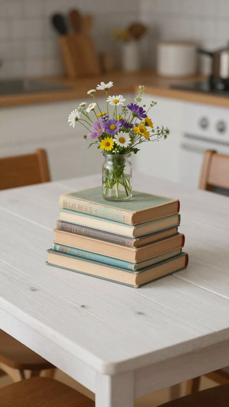 A photo of a small stack of vintage hardcover books with worn, pastel-colored spines, topped with a small, whimsical arrangement of spring wildflowers in a petite glass jar, placed on a whitewashed wooden dining table in a cozy kitchen.