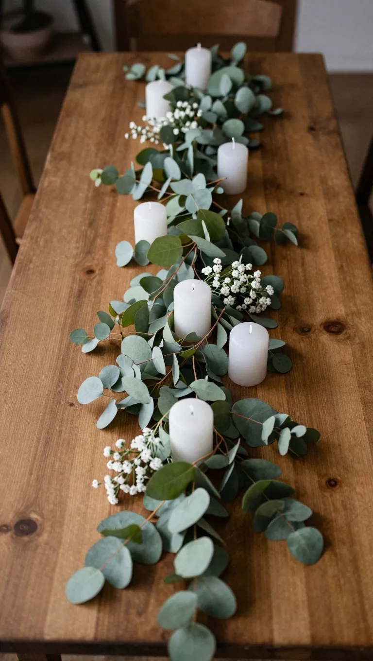 A photo of a long, flowing garland made of fresh silver dollar eucalyptus leaves draped gracefully down the center of a rustic farmhouse table, interspersed with small white pillar candles and tiny sprigs of white wax flowers, creating a natural and elegant look.