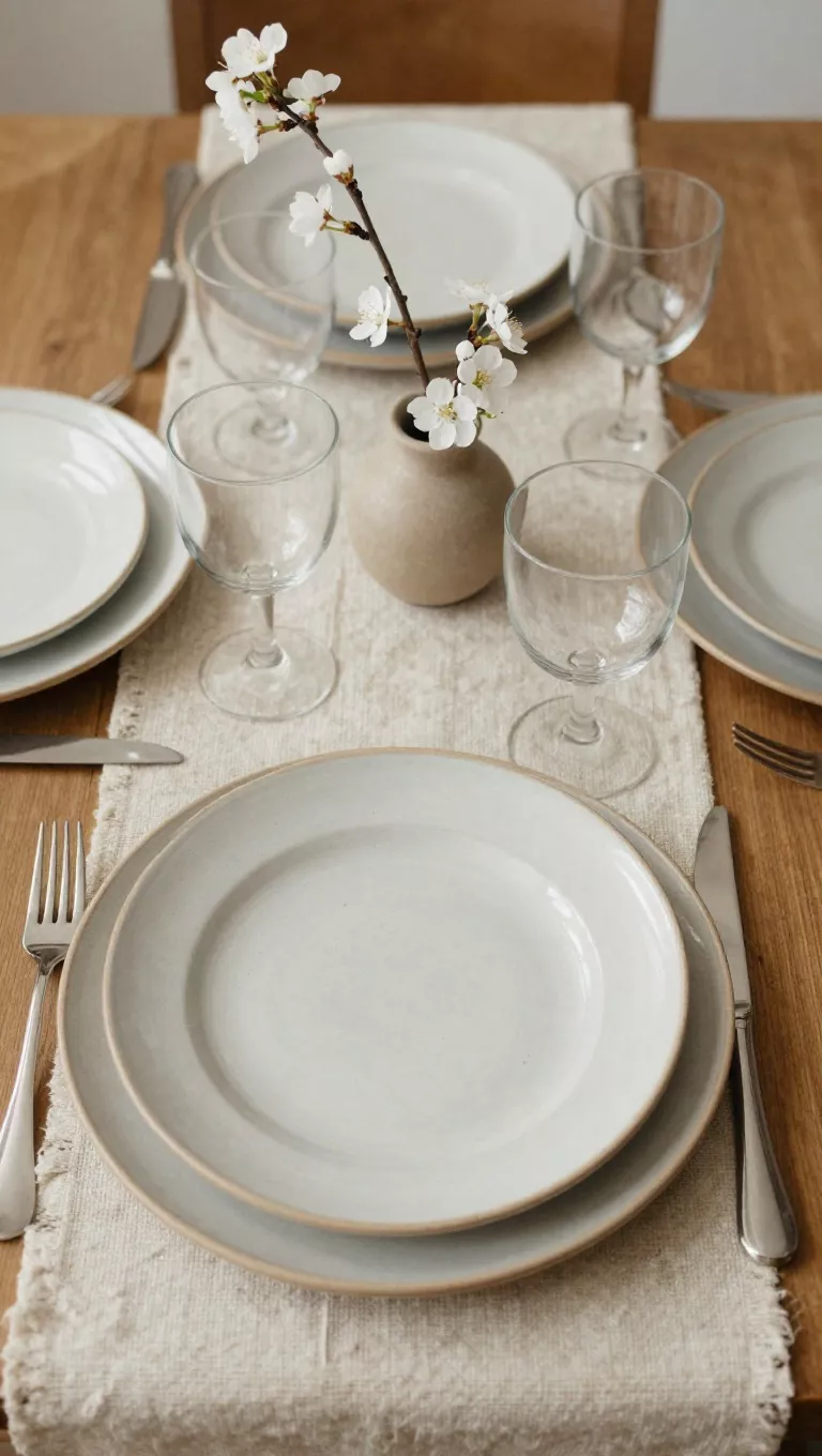 A photo of a charming and earthy spring table setting, featuring handcrafted artisan pottery plates in varied, soft spring colors, a woven table runner, simple silverware, clear glasses, and a centerpiece made of a single branch with delicate spring blossoms.