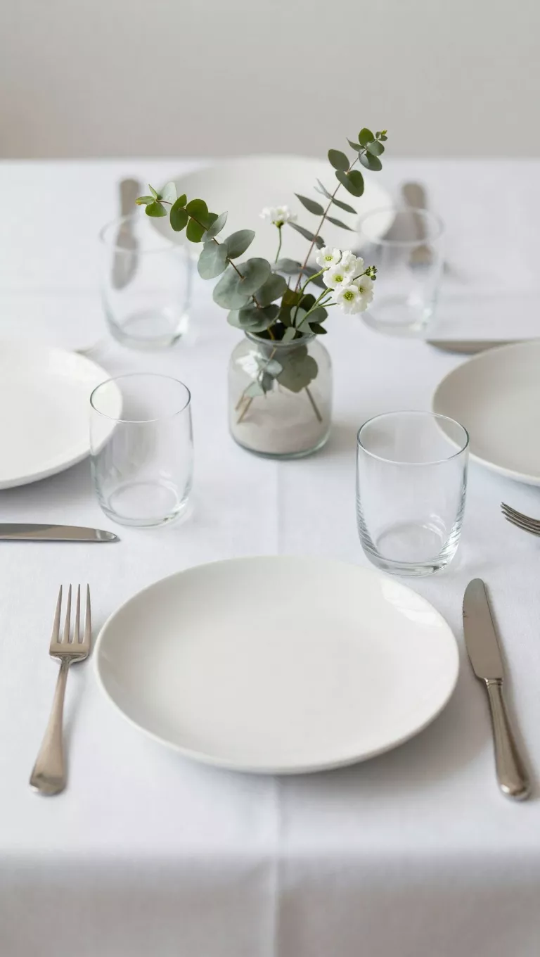 A photo of a very clean and modern spring table setting, featuring a crisp white tablecloth, simple white ceramic plates, clear glass tumblers, and a minimalist centerpiece made of eucalyptus branches and a few delicate white flowers, with natural wood accents.