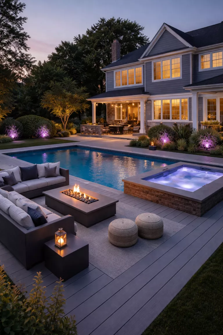 A realistic photo of a traditional American home's backyard featuring a grey composite pool deck at twilight, with subtle purple LED uplighting, a small integrated hot tub, and modern outdoor sofas.
