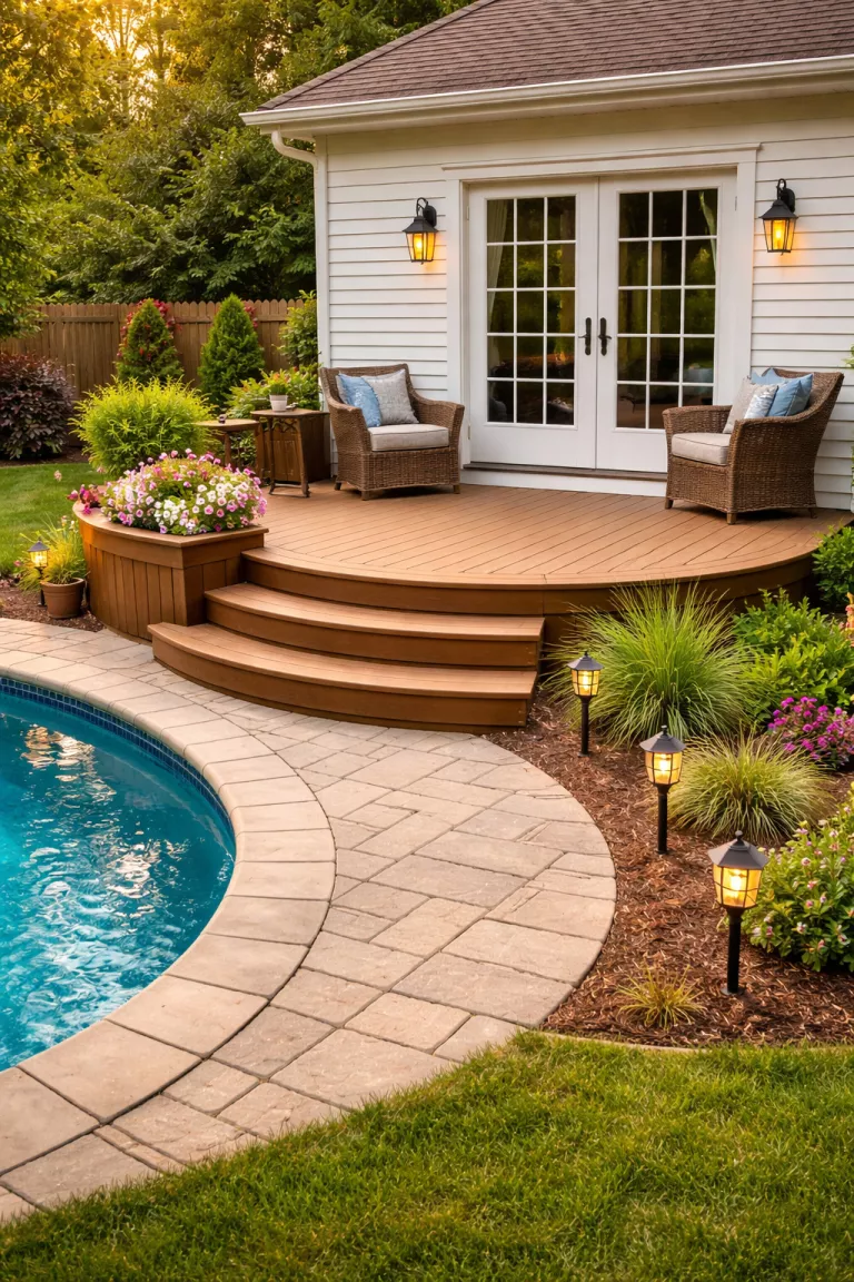 A realistic photo of a traditional American home's backyard featuring a modest quarter-circle wooden platform deck attached to a pool, with simple stairs, a small flower box, and solar path lights on the ground.
