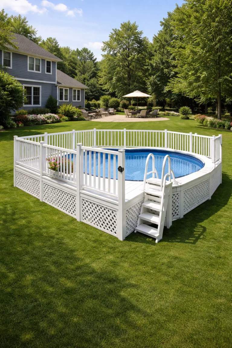 A realistic photo of a traditional American home's backyard with a clean white resin pool deck kit, featuring a matching ladder and a lockable gate, installed on a perfectly level grassy area.