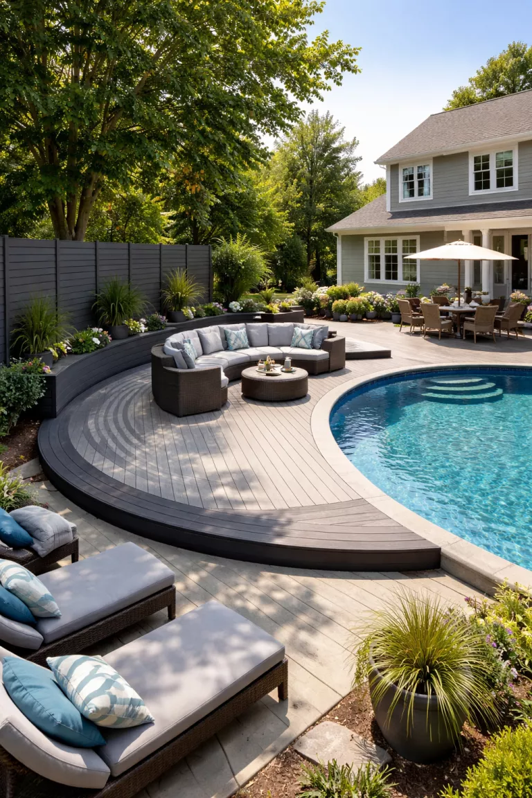 A realistic photo of a traditional American home's backyard with a semi-circular composite deck wrapping halfway around a pool, featuring contrasting dark and light grey boards and a tall privacy screen on one side.