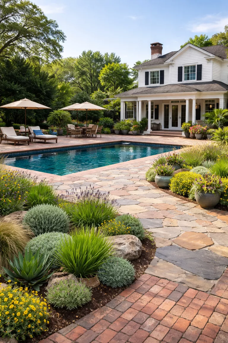 A realistic photo of a traditional American home's backyard showing a pool deck made of weathered red bricks and slate slabs, blending into a stone patio with low-maintenance drought-tolerant plants nearby.