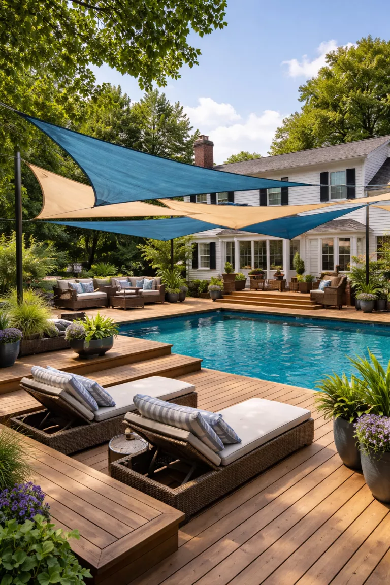 A realistic photo of a traditional American home's backyard with a multi-tiered wooden pool deck under several overlapping blue and beige triangular shade sails, with modern outdoor furniture and potted plants.