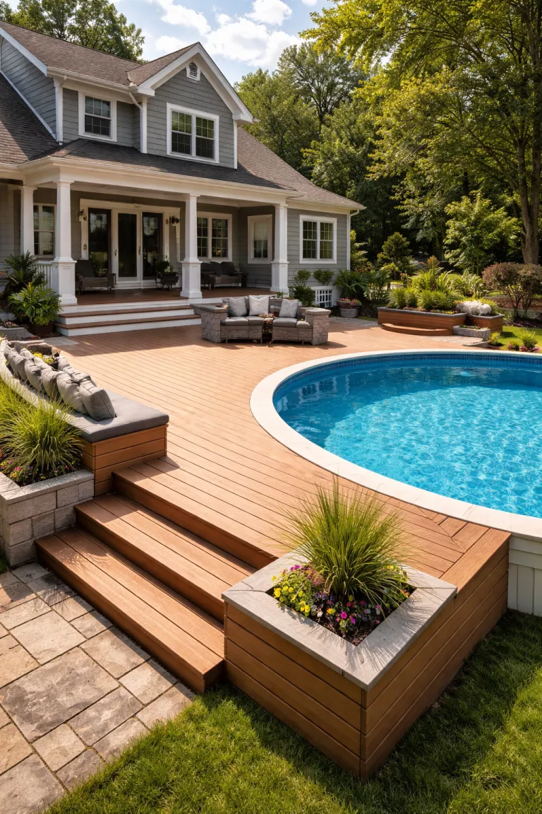 A realistic photo of a traditional American home's backyard with a large L-shaped wooden deck extending directly from the back porch to the edge of an above ground pool, featuring built-in benches and stairs.