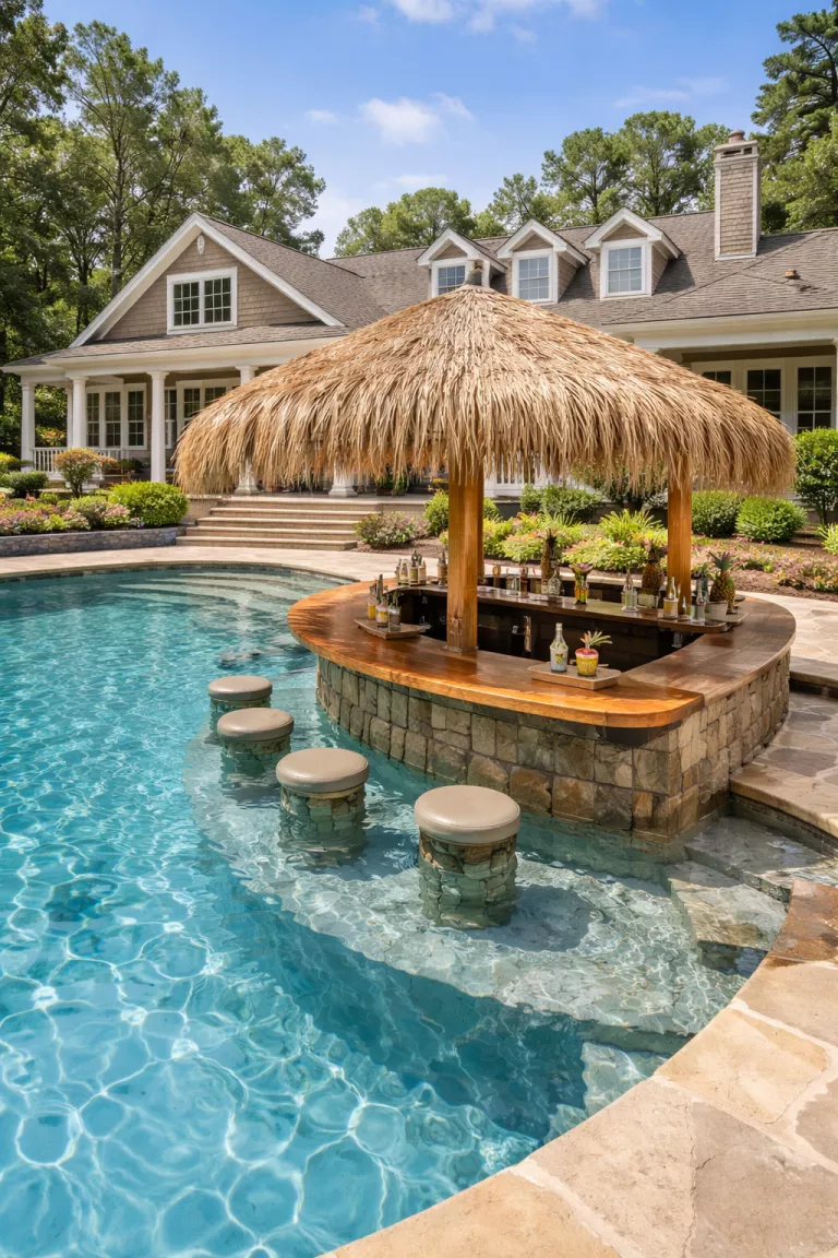 A realistic photo of a traditional American home's backyard featuring a pool deck with a built-in tiki bar, including a wooden counter, waterproof stools inside the water, and a thatched umbrella.