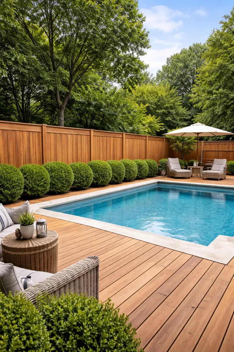 A realistic photo of a traditional American home's backyard showing a wooden pool deck that blends seamlessly into a tall matching privacy fence, with lush green boxwoods planted in front for a natural look.