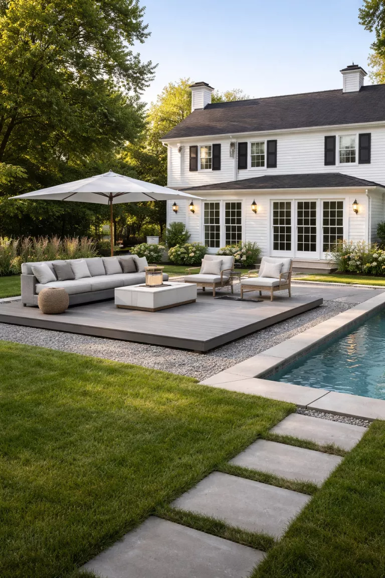 A realistic photo of a traditional American home's backyard featuring a modern floating low-profile composite deck sitting just above the grass next to a pool, surrounded by clean grey gravel and minimalist outdoor furniture.