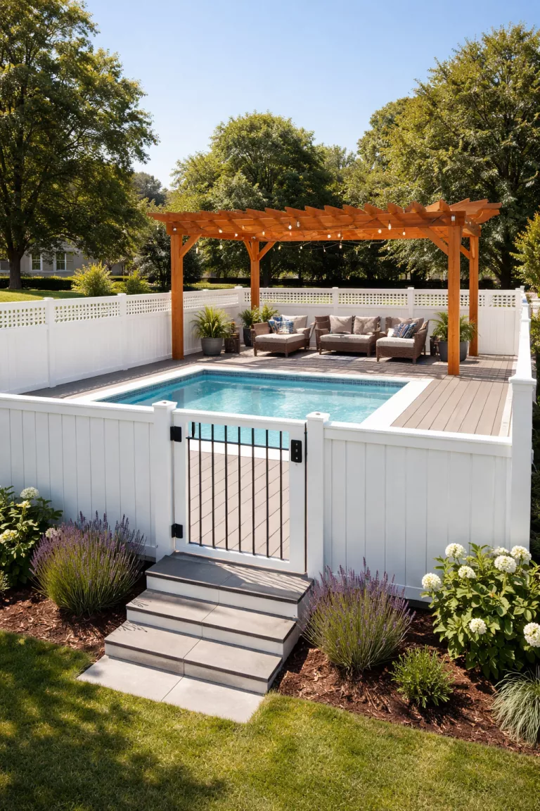 A realistic photo of a traditional American home's backyard showing a raised pool deck with tall paneled safety walls and a sturdy self-latching gate, featuring an elegant wooden pergola for shade over the lounging area.