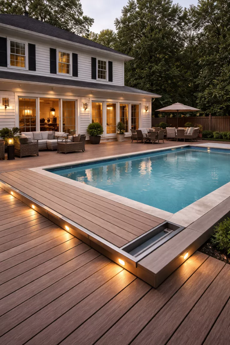 A realistic photo of a traditional American home's backyard featuring a wooden deck with a hidden compartment for an automatic pool cover, with modern recessed lighting and a very clean finish.