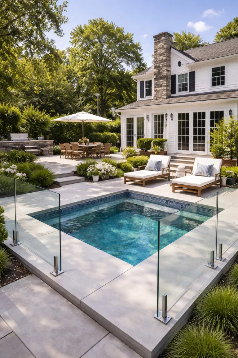 A realistic photo of a traditional American home's backyard featuring a sleek poured concrete deck around a small plunge pool, with mosaic tile accents and clear glass safety railings.
