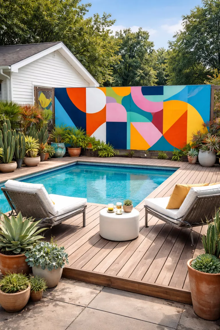A realistic photo of a traditional American home's backyard featuring a wooden pool deck with a large privacy screen painted with a colorful geometric mural, surrounded by potted succulents and modern chairs.