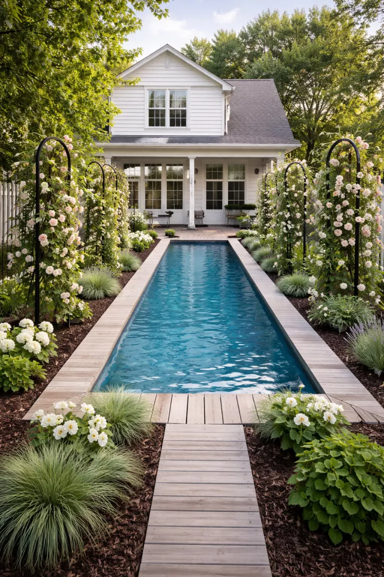 A realistic photo of a traditional American home's backyard showing a slender two-foot wide wooden walkway encircling a pool, bordered by dark mulch and delicate flower trellises for a streamlined look.