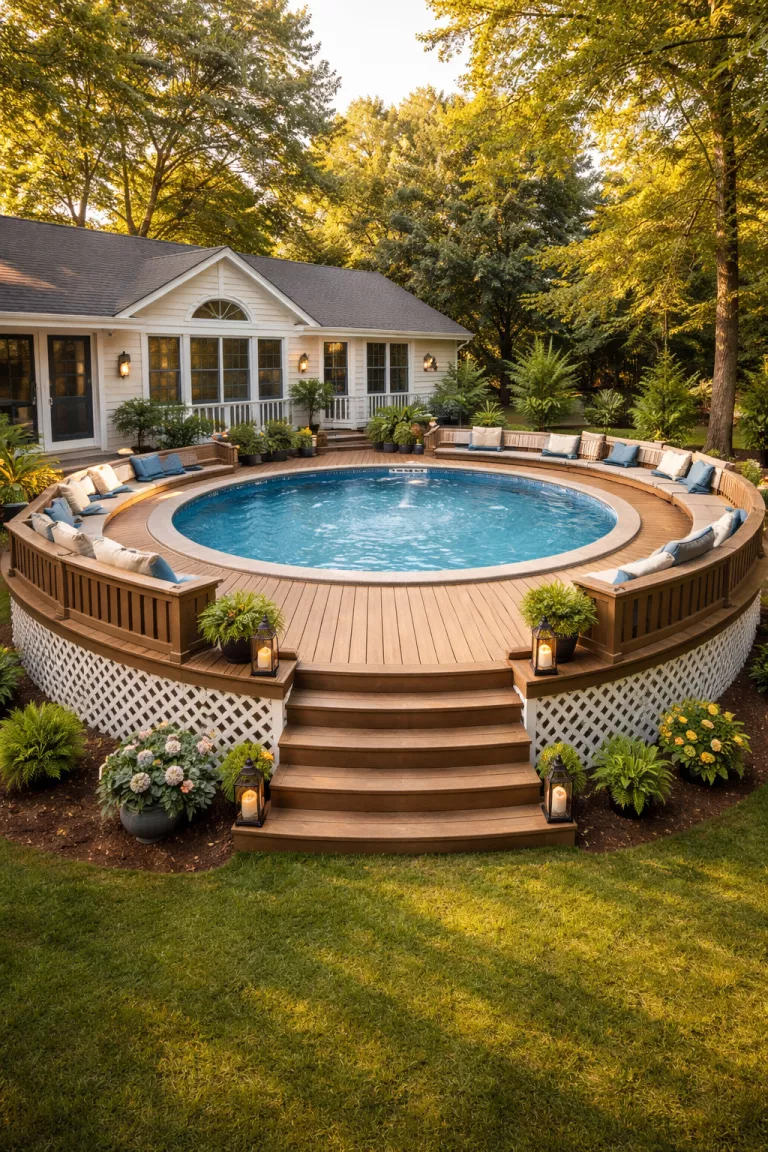 A realistic photo of a traditional American home's backyard with a full wraparound wooden deck completely encircling a round above ground pool, hiding the exterior walls with lattice skirting and featuring built-in benches for guest seating.