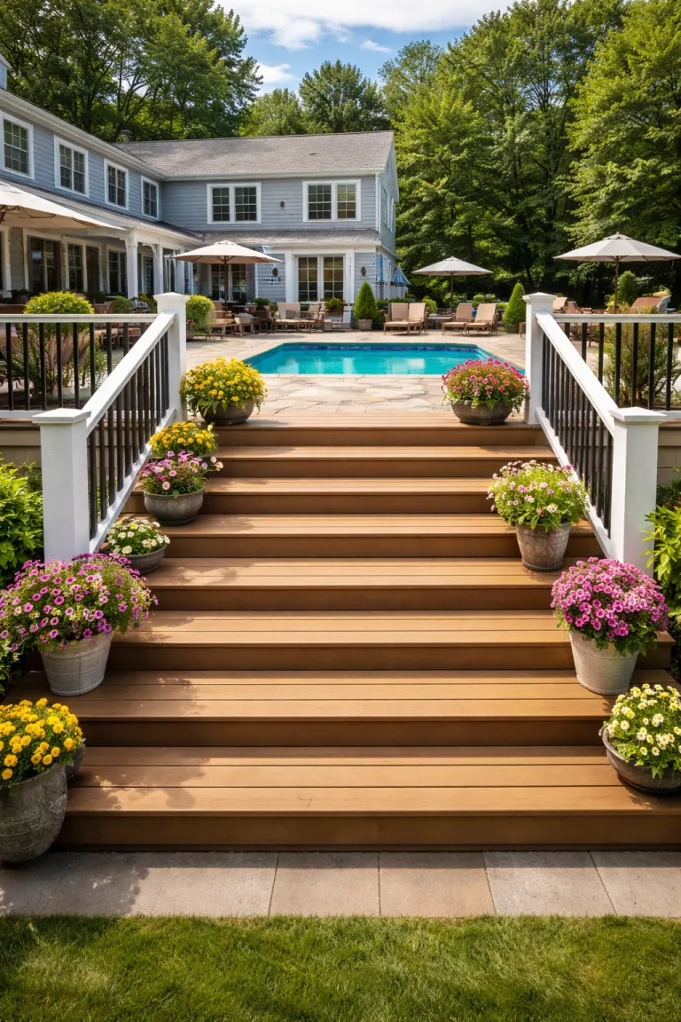 A realistic photo of a traditional American home's backyard showing very wide wooden deck steps that serve as extra seating, leading up to a pool with composite railings and potted flowers.