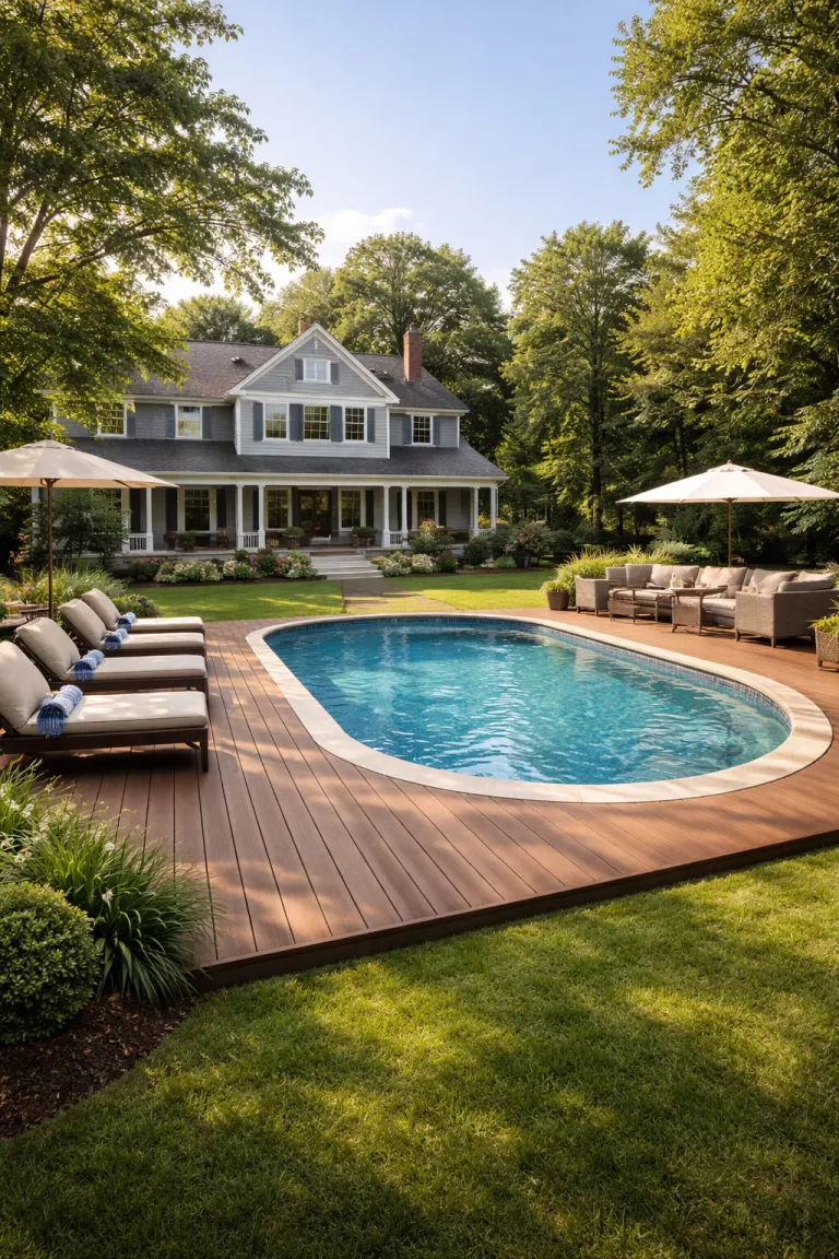 A realistic photo of a traditional American home's backyard featuring a partially buried pool with a ground-level wooden deck that wraps around it, blending perfectly with the surrounding grass and trees.