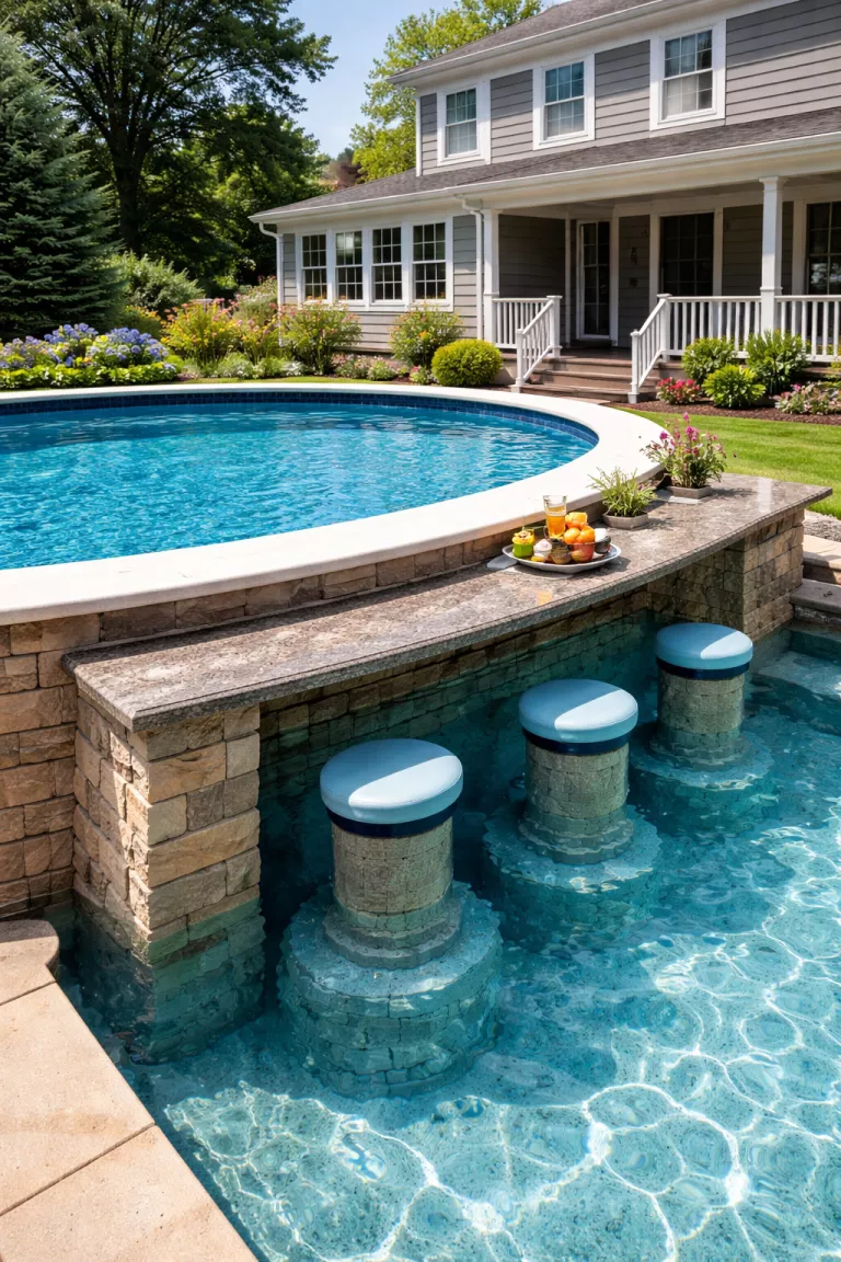 A realistic photo of a traditional American home's backyard showing a swim up bar built into the side of an above ground pool deck, featuring stone countertops and three waterproof bar stools.