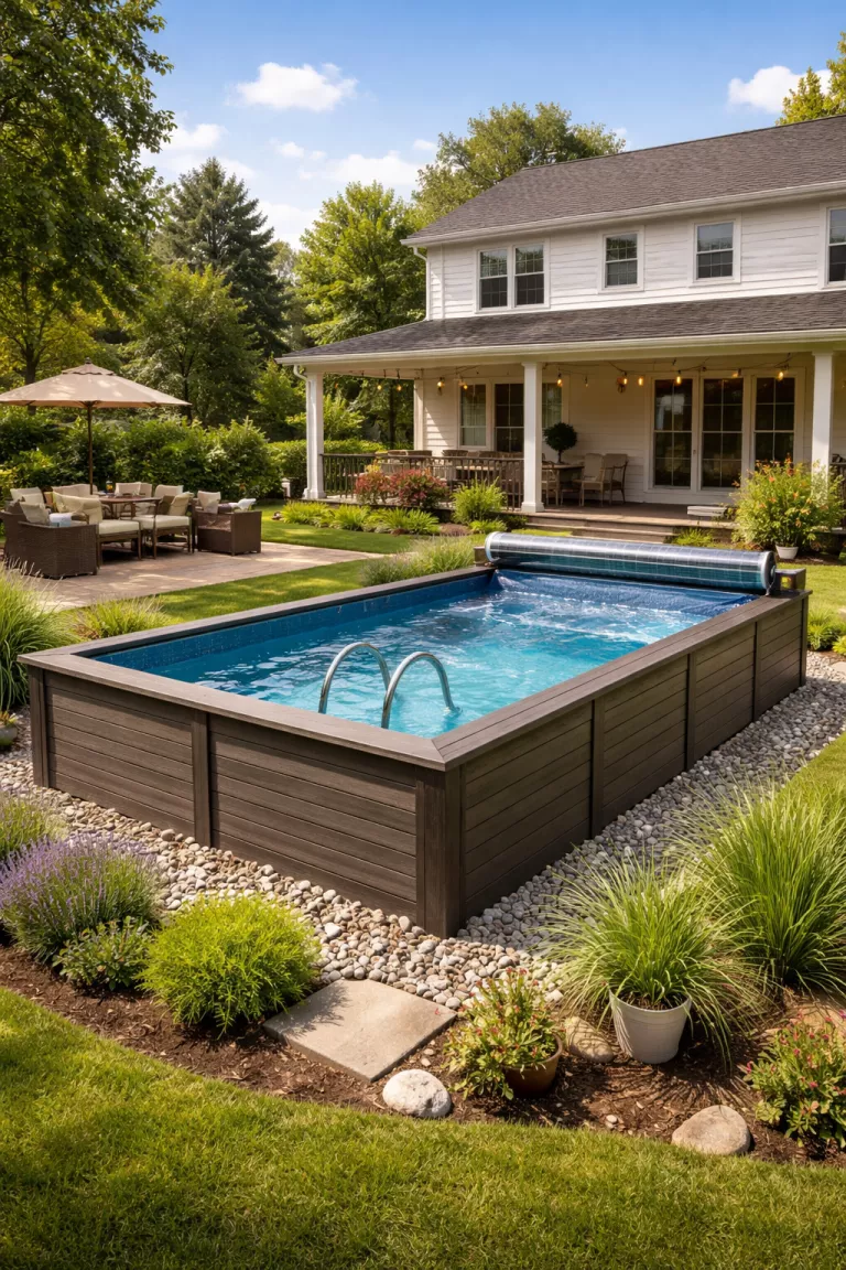 A realistic photo of a traditional American home's backyard featuring an eco friendly above ground pool made from recycled composite materials, with a solar cover partially rolled back.