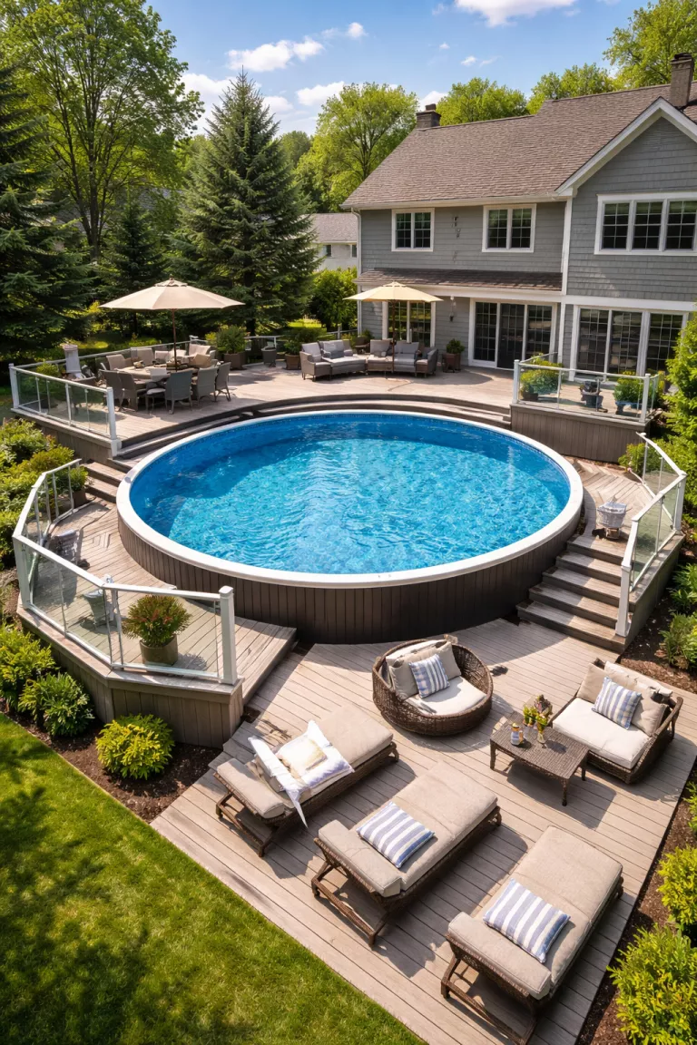A realistic photo of a traditional American home's backyard displaying an oval above ground pool surrounded by an elevated wooden deck with different tiers for sunbathing and dining, featuring clear glass railings and modern outdoor furniture.