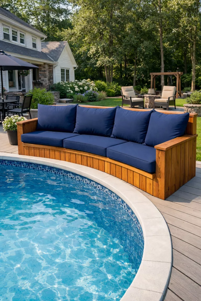 A realistic photo of a traditional American home's backyard featuring a pool deck with a built in wooden bench that has navy blue weatherproof cushions, situated right next to the water edge of an above ground pool.