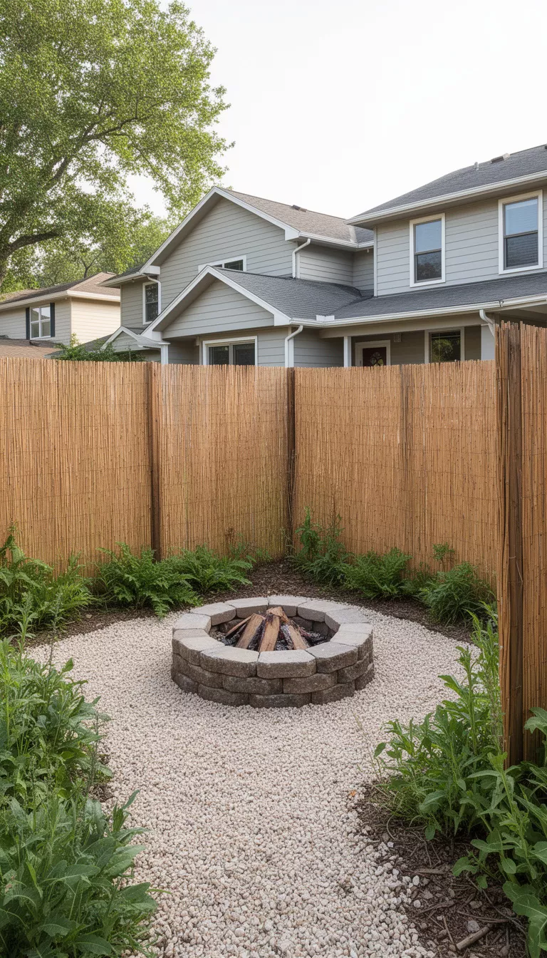A realistic photo of a typical American home's backyard featuring a small stone fire pit enclosed by tall natural bamboo screens on a light gravel floor with native green plants.