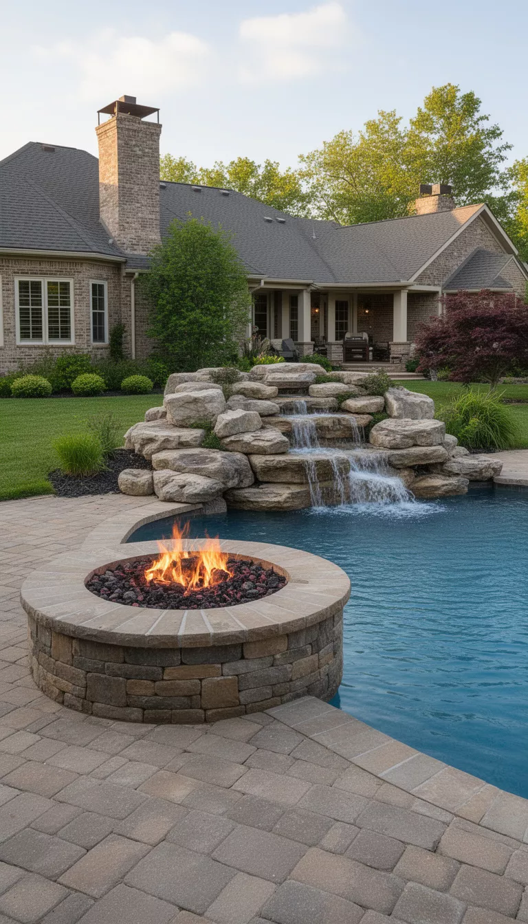 A realistic photo of a typical American home's backyard featuring a stone fire pit directly next to a bubbling rock waterfall feature on the edge of a blue pool.