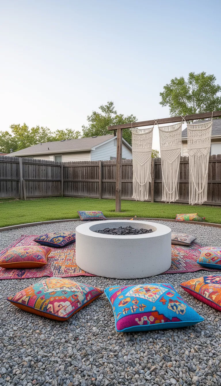 A realistic photo of a typical American home's backyard featuring a pale concrete fire pit surrounded by colorful patterned rugs, macrame hangings, and bright floor cushions on a gravel floor.
