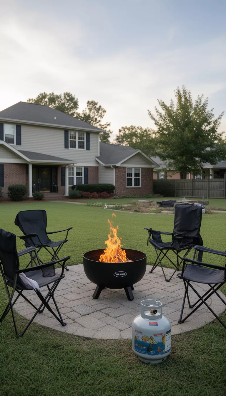 A realistic photo of a typical American home's backyard featuring a small black portable propane fire bowl on a patio with folding chairs and a decorative propane tank cover nearby.