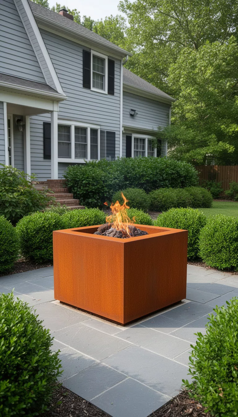 A realistic photo of a typical American home's backyard featuring a rusted orange corten steel cube fire pit on a grey flagstone patio surrounded by lush green shrubs.
