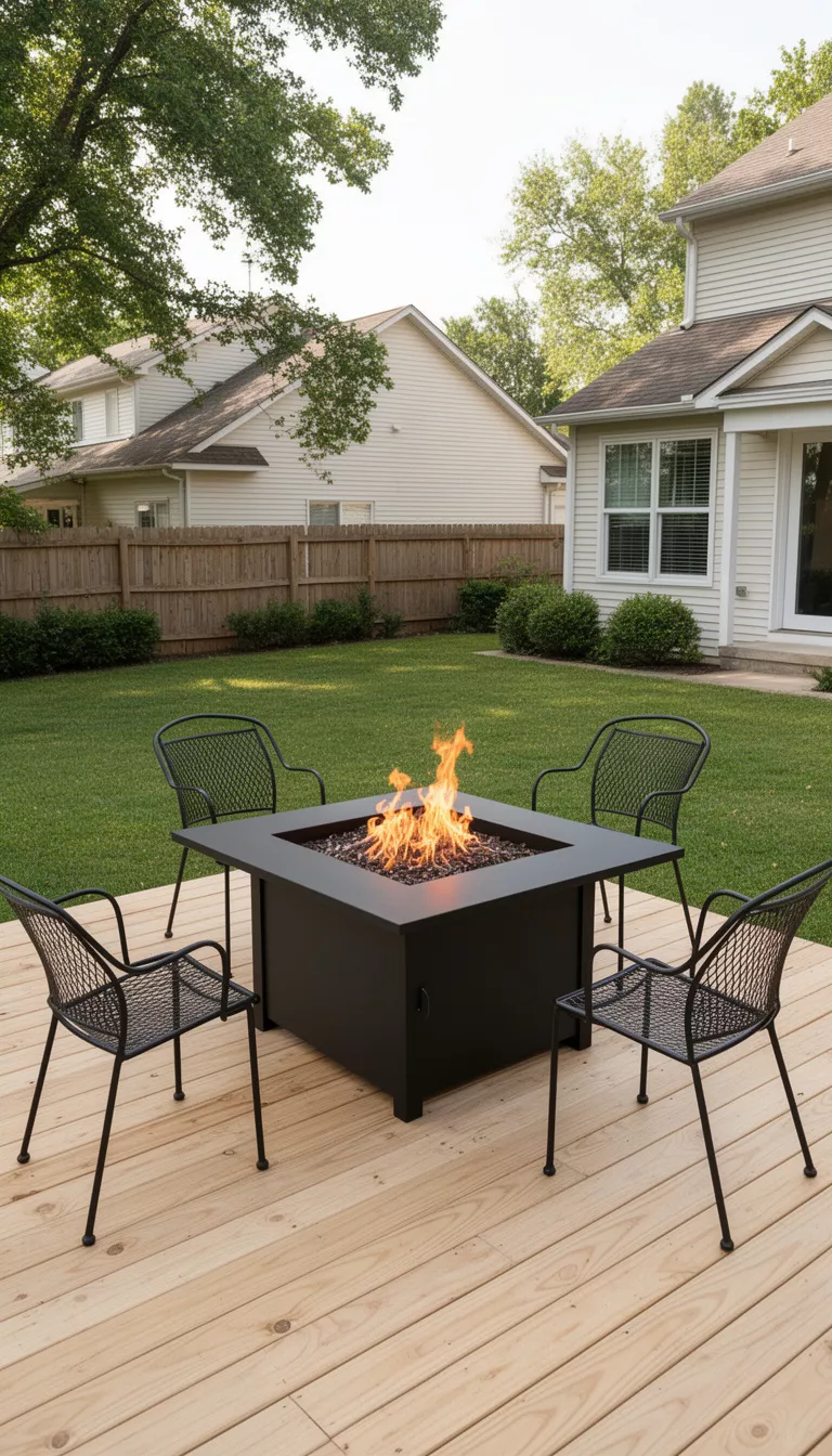 A realistic photo of a typical American home's backyard featuring a matte black square steel fire pit on a light wood deck with matching black metal chairs.
