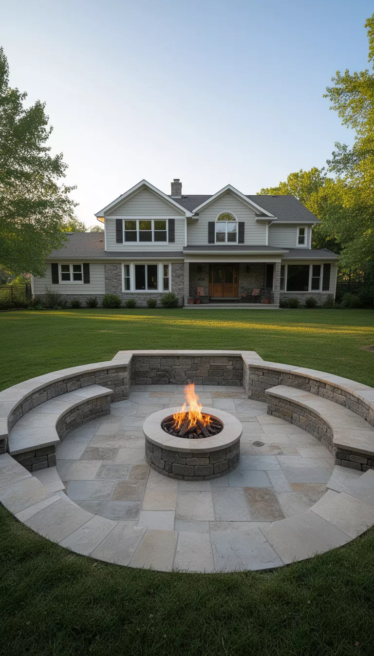 A realistic photo of a typical American home's backyard with a sunken lounge area featuring built in stone benches and a central fire pit flush with the surrounding stone patio floor.