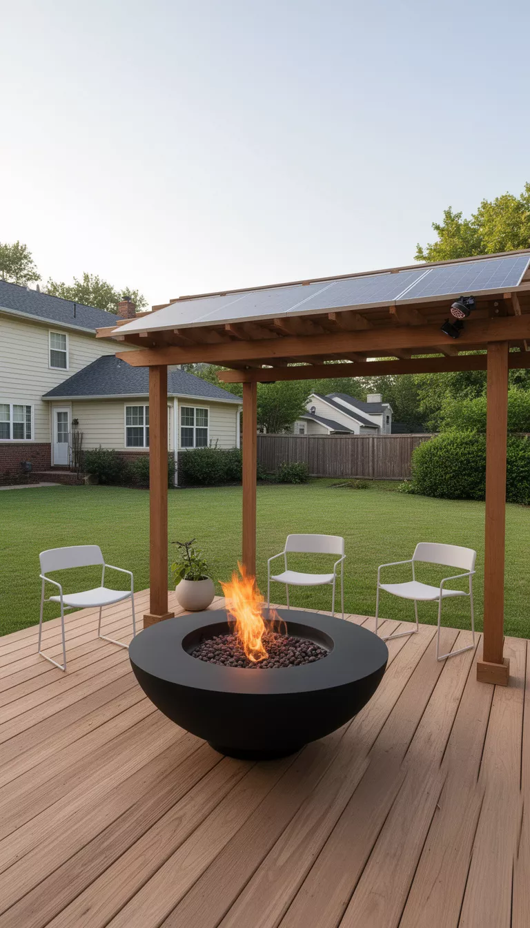 A realistic photo of a typical American home's backyard featuring a modern black pellet fire pit on a wood deck with a solar powered pergola and minimalist chairs.