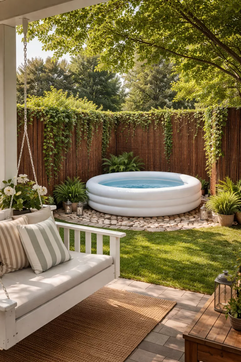 A realistic photo of a typical American home's backyard featuring a white inflatable pool hidden behind tall brown bamboo screens with green climbing ivy and a white wooden porch swing nearby.