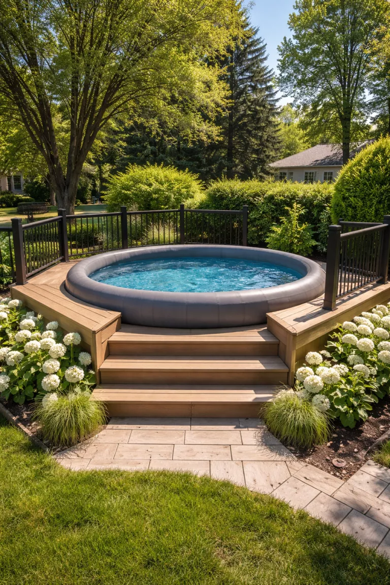 A realistic photo of a typical American home's backyard featuring a large gray inflatable pool recessed into a custom light brown wooden deck with built-in steps, black railings, and white hydrangea bushes bordering the structure.