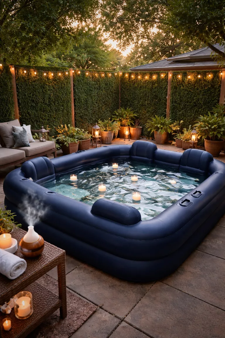 A realistic photo of a typical American home's backyard with a deep navy blue inflatable lounge pool featuring built-in seats, floating white candles, a small essential oil diffuser on a side table, and tall green privacy screens.
